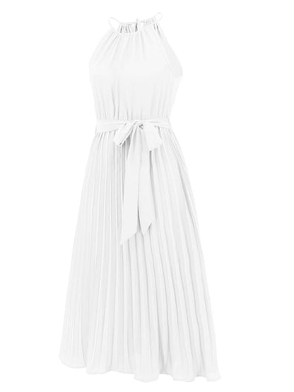 Dress- Elegant Pleated Waist Tie Halter Midi Dress- - IndioGear Fashion and Gear