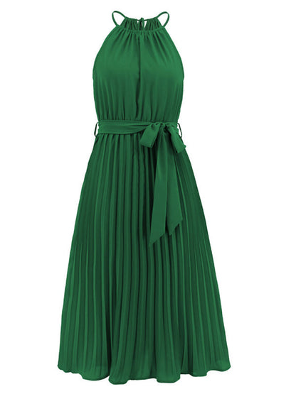 Dress- Elegant Pleated Waist Tie Halter Midi Dress- - IndioGear Fashion and Gear