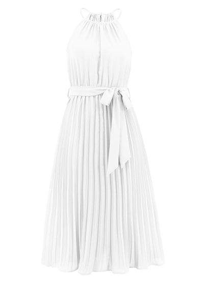 Dress- Elegant Pleated Waist Tie Halter Midi Dress- - IndioGear Fashion and Gear