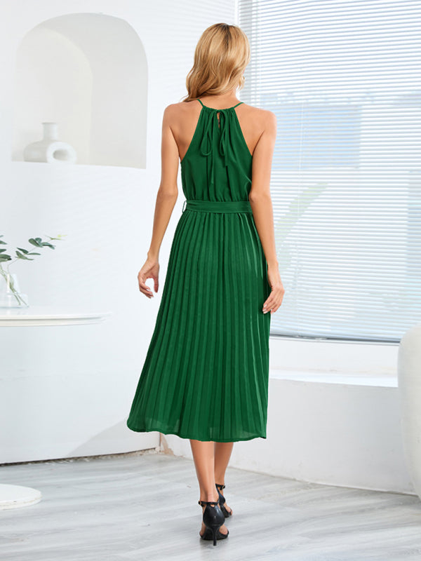 Dress- Elegant Pleated Waist Tie Halter Midi Dress- - IndioGear Fashion and Gear