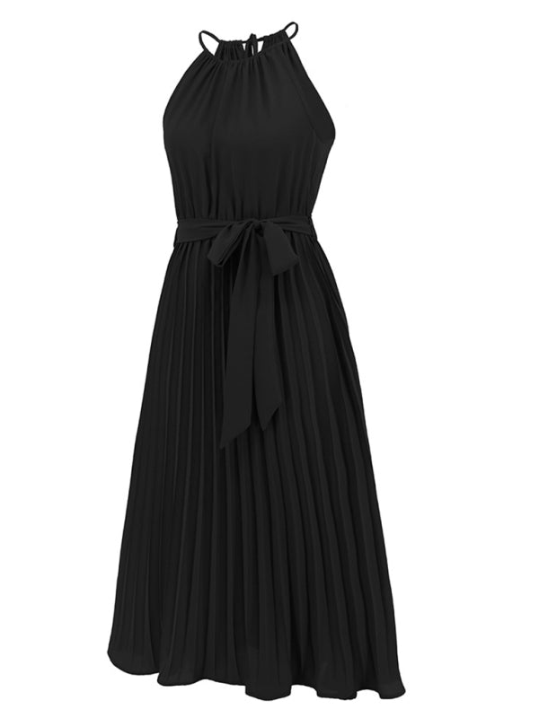 Dress- Elegant Pleated Waist Tie Halter Midi Dress- - IndioGear Fashion and Gear