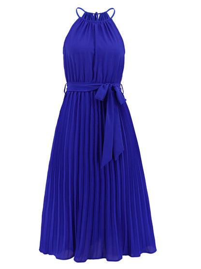 Dress- Elegant Pleated Waist Tie Halter Midi Dress- - IndioGear Fashion and Gear