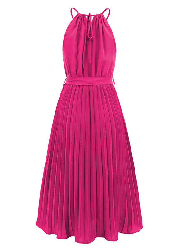 Dress- Elegant Pleated Waist Tie Halter Midi Dress- - IndioGear Fashion and Gear