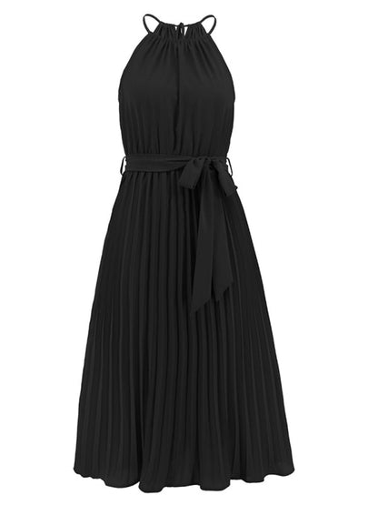 Dress- Elegant Pleated Waist Tie Halter Midi Dress- - IndioGear Fashion and Gear