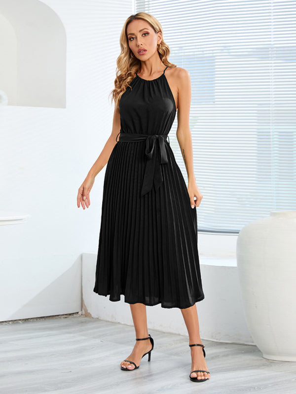 Dress- Elegant Pleated Waist Tie Halter Midi Dress- - IndioGear Fashion and Gear