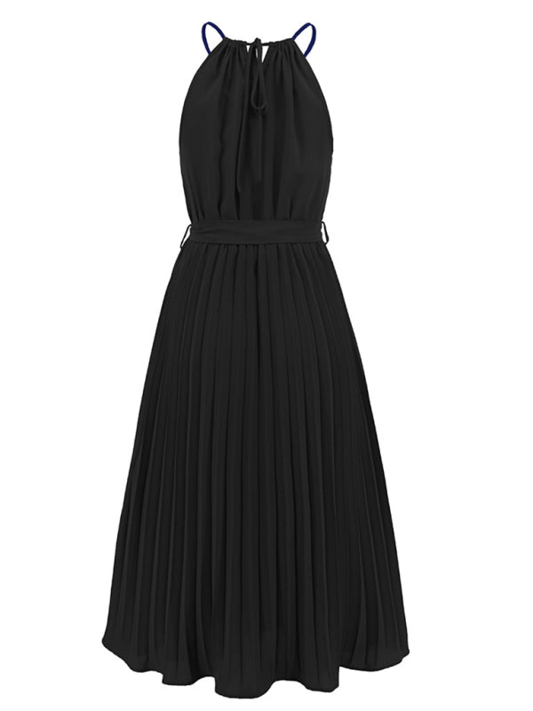 Dress- Elegant Pleated Waist Tie Halter Midi Dress- - IndioGear Fashion and Gear