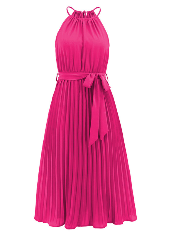 Dress- Elegant Pleated Waist Tie Halter Midi Dress- - IndioGear Fashion and Gear