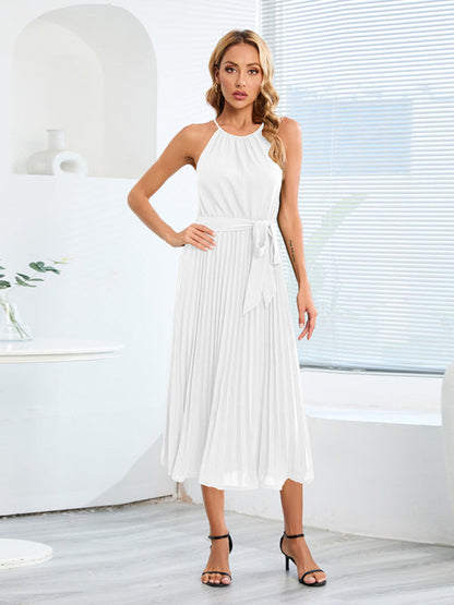 Dress- Elegant Pleated Waist Tie Halter Midi Dress- White- IndioGear Fashion and Gear