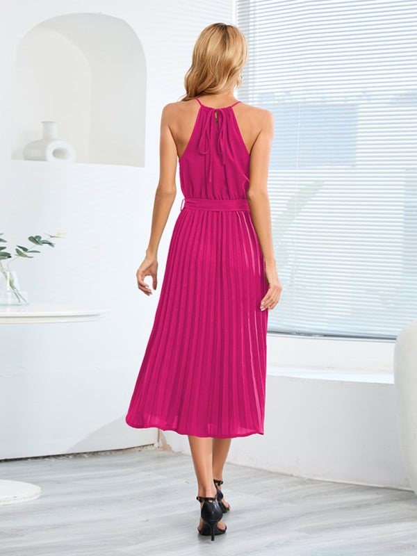 Dress- Elegant Pleated Waist Tie Halter Midi Dress- - IndioGear Fashion and Gear