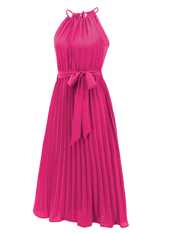 Dress- Elegant Pleated Waist Tie Halter Midi Dress- - IndioGear Fashion and Gear