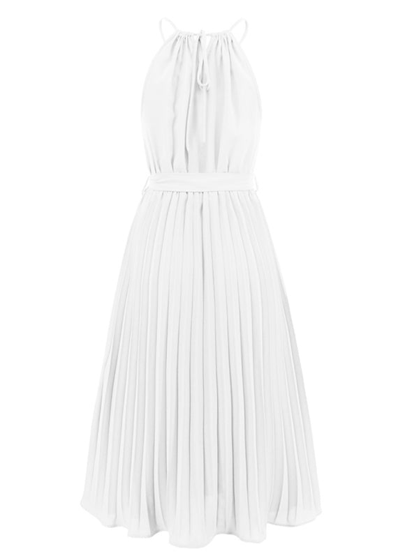 Dress- Elegant Pleated Waist Tie Halter Midi Dress- - IndioGear Fashion and Gear