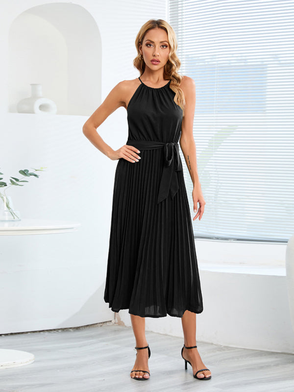 Dress- Elegant Pleated Waist Tie Halter Midi Dress- Black- IndioGear Fashion and Gear