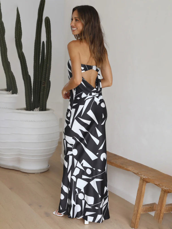 Dress- Elegant Satin Geo Print Off Shoulder Tube Maxi Dress- - IndioGear Fashion and Gear