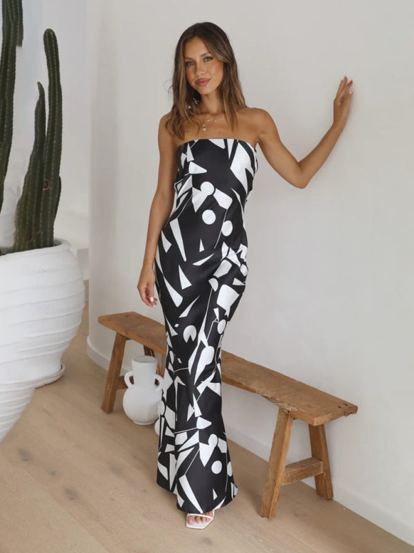 Dress- Elegant Satin Geo Print Off Shoulder Tube Maxi Dress- - IndioGear Fashion and Gear