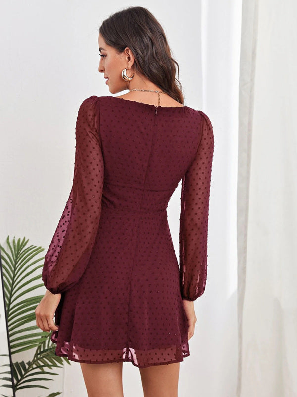 Dress- Elegant Swiss Dot A-Line Lantern Sleeve Square Neck Mini Dress- - IndioGear Fashion and Gear