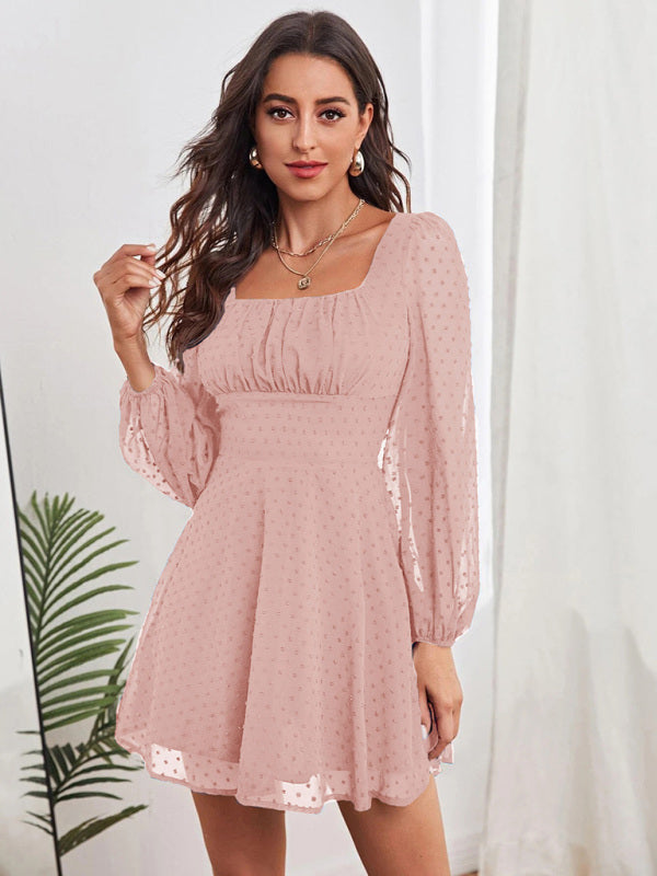 Dress- Elegant Swiss Dot A-Line Lantern Sleeve Square Neck Mini Dress- Pink- IndioGear Fashion and Gear