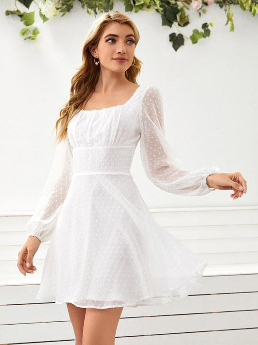 Dress- Elegant Swiss Dot A-Line Lantern Sleeve Square Neck Mini Dress- White- IndioGear Fashion and Gear