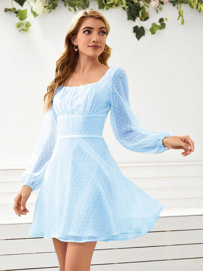 Dress- Elegant Swiss Dot A-Line Lantern Sleeve Square Neck Mini Dress- Clear blue- IndioGear Fashion and Gear