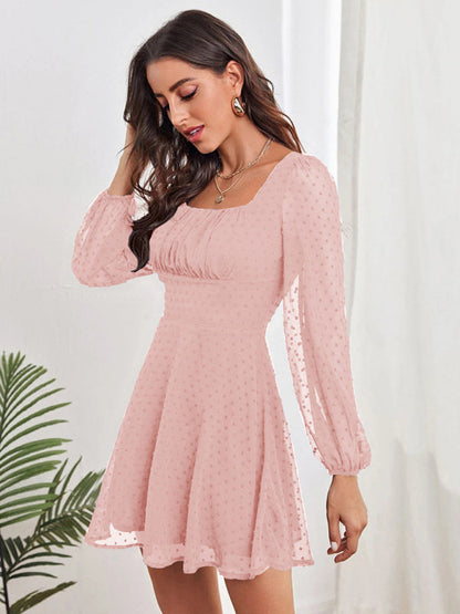 Dress- Elegant Swiss Dot A-Line Lantern Sleeve Square Neck Mini Dress- - IndioGear Fashion and Gear