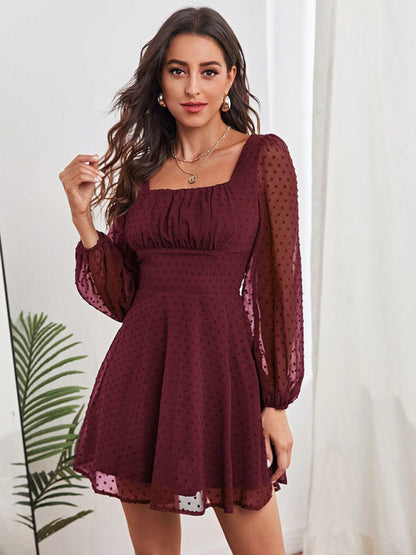 Dress- Elegant Swiss Dot A-Line Lantern Sleeve Square Neck Mini Dress- Wine Red- IndioGear Fashion and Gear