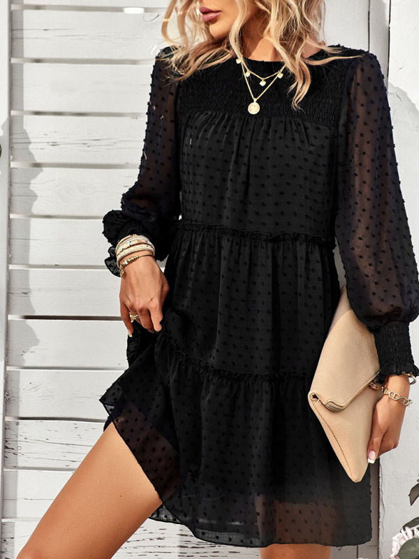 Dress- Elegant Swiss Dot Long Sleeve Tiered Mini Dress- Black- IndioGear Fashion and Gear