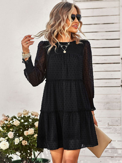 Dress- Elegant Swiss Dot Long Sleeve Tiered Mini Dress- - IndioGear Fashion and Gear