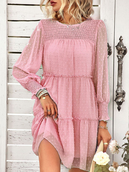 Dress- Elegant Swiss Dot Long Sleeve Tiered Mini Dress- Pink- IndioGear Fashion and Gear