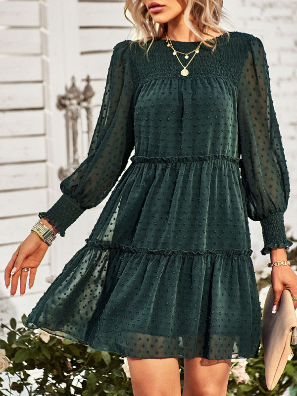 Dress- Elegant Swiss Dot Long Sleeve Tiered Mini Dress- Green- IndioGear Fashion and Gear