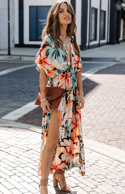 Dress- Elegant Vacation Plunge Floral Slit Maxi Dress- - IndioGear Fashion and Gear