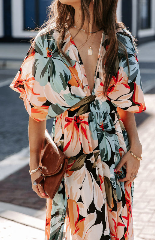 Dress- Elegant Vacation Plunge Floral Slit Maxi Dress- - IndioGear Fashion and Gear