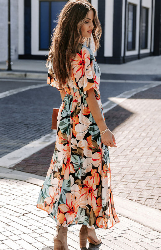 Dress- Elegant Vacation Plunge Floral Slit Maxi Dress- - IndioGear Fashion and Gear