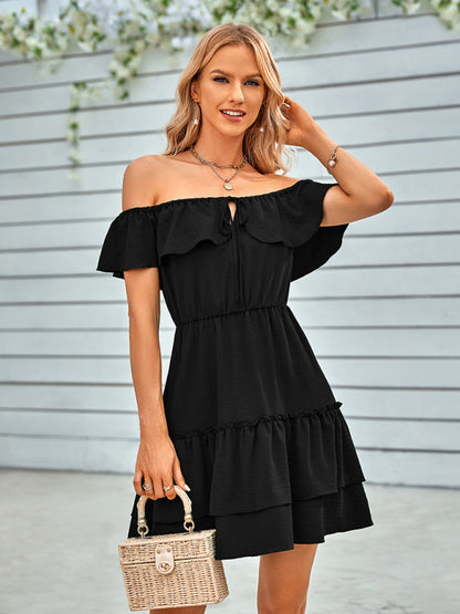 Dress- Enchanting Elegance: Women's Off-Shoulder Ruffle Layered Mini Dress- Black- IndioGear Fashion and Gear