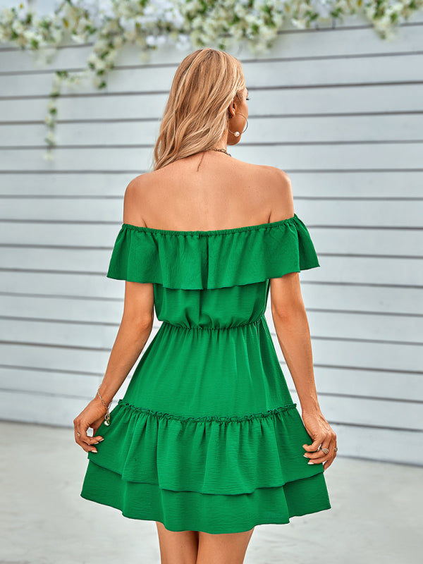 Dress- Enchanting Elegance: Women's Off-Shoulder Ruffle Layered Mini Dress- - IndioGear Fashion and Gear