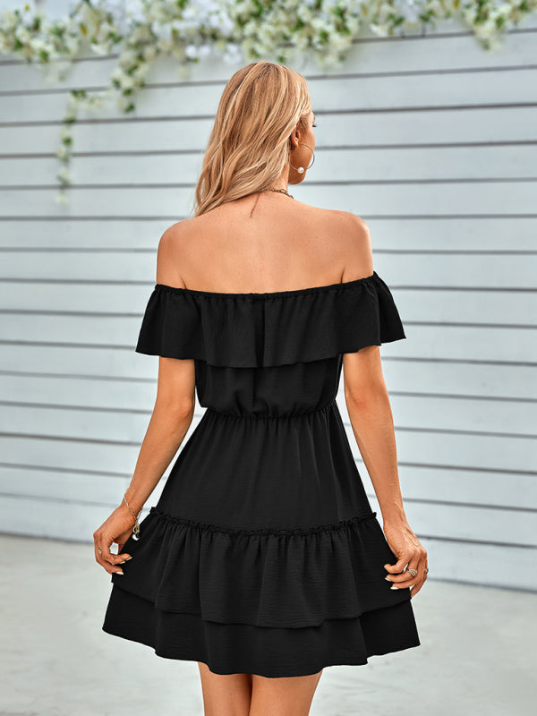 Dress- Enchanting Elegance: Women's Off-Shoulder Ruffle Layered Mini Dress- - IndioGear Fashion and Gear