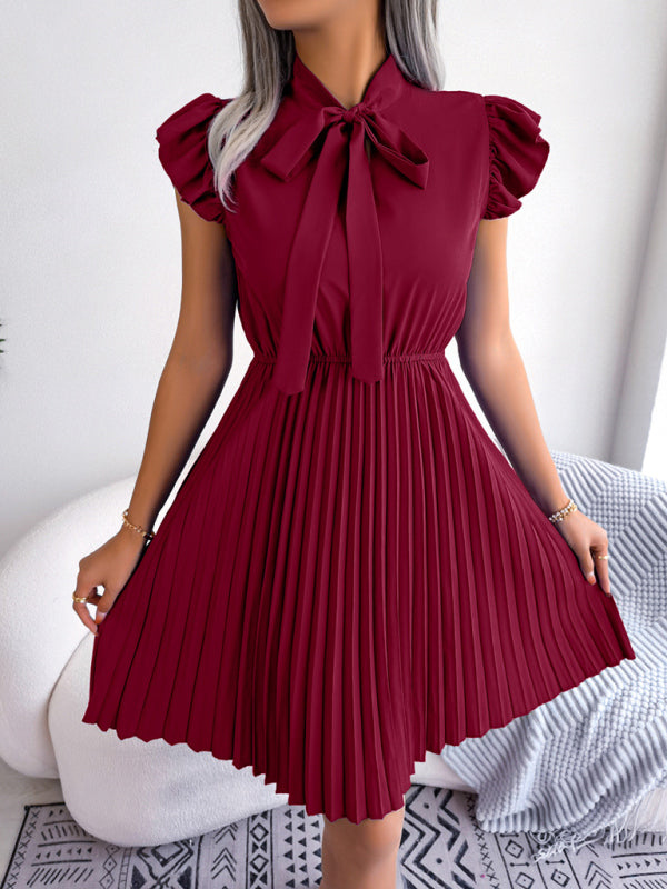 Dress- Experience the Comfort and Style of our Pleated Mini Dress - Order Now!- Wine Red- IndioGear Fashion and Gear