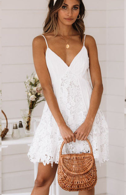 Dress- Exquisite Boho Elegance: Women's Holiday Vacation Lace Mini Dress- - IndioGear Fashion and Gear