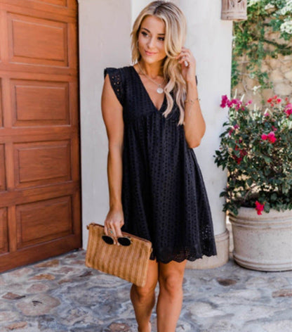 Dress- Eyelet Mini Dress with Pockets Side- Black- IndioGear Fashion and Gear