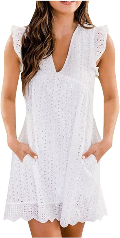 Dress- Eyelet Mini Dress with Pockets Side- - IndioGear Fashion and Gear