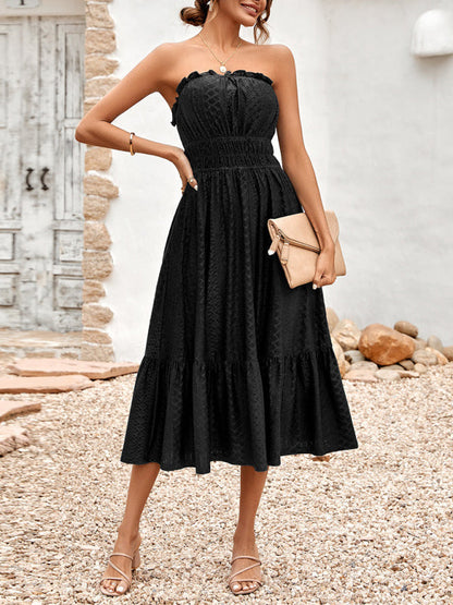 Dress- Eyelet Strapless Smocked Waist Tube Midi Dress- - IndioGear Fashion and Gear