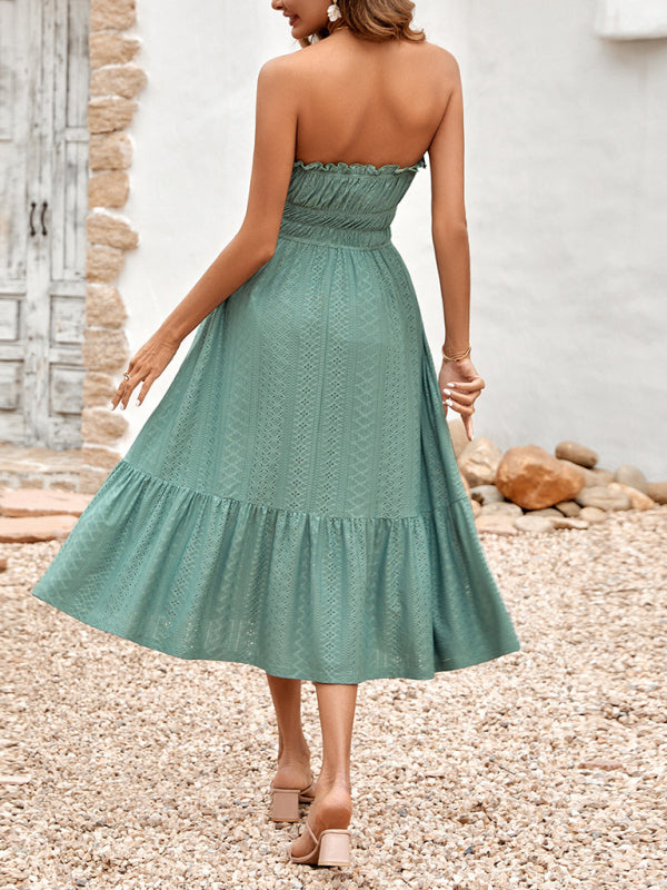 Dress- Eyelet Strapless Smocked Waist Tube Midi Dress- - IndioGear Fashion and Gear