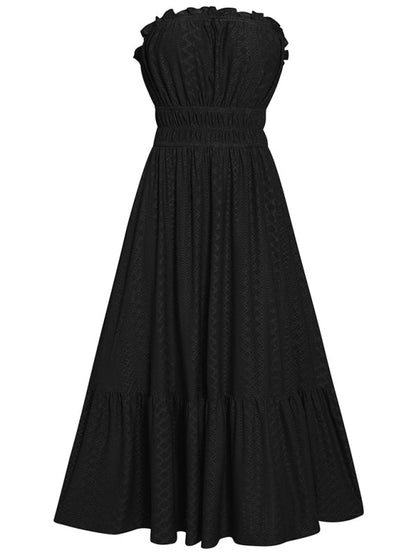 Dress- Eyelet Strapless Smocked Waist Tube Midi Dress- - IndioGear Fashion and Gear