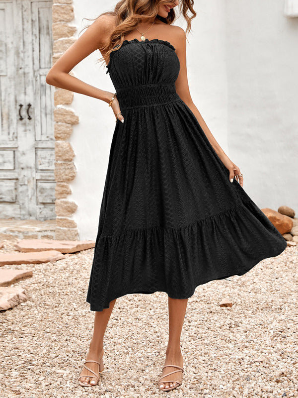 Dress- Eyelet Strapless Smocked Waist Tube Midi Dress- - IndioGear Fashion and Gear