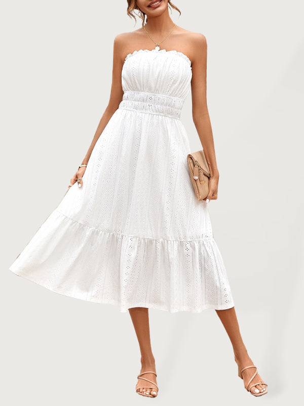 Dress- Eyelet Strapless Smocked Waist Tube Midi Dress- White- IndioGear Fashion and Gear