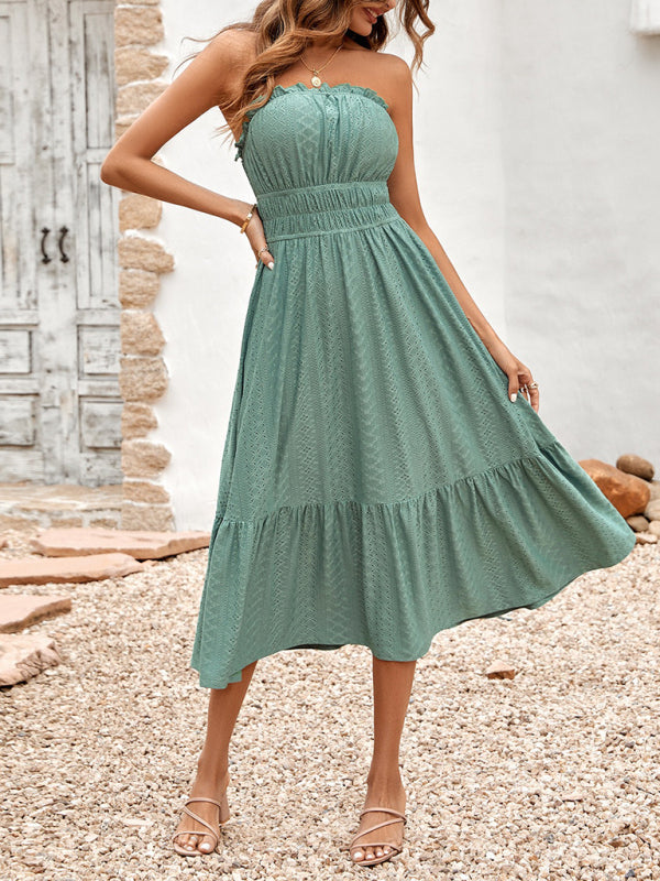 Dress- Eyelet Strapless Smocked Waist Tube Midi Dress- - IndioGear Fashion and Gear