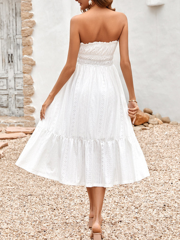 Dress- Eyelet Strapless Smocked Waist Tube Midi Dress- - IndioGear Fashion and Gear