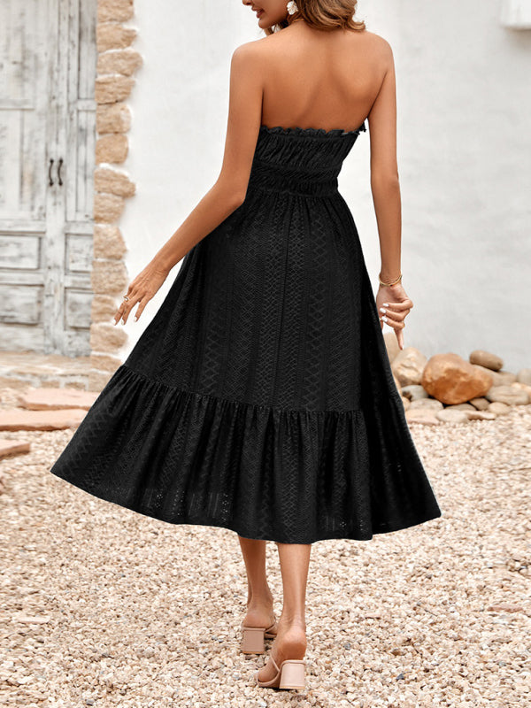 Dress- Eyelet Strapless Smocked Waist Tube Midi Dress- - IndioGear Fashion and Gear