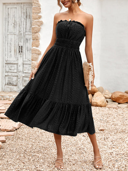 Dress- Eyelet Strapless Smocked Waist Tube Midi Dress- Black- IndioGear Fashion and Gear