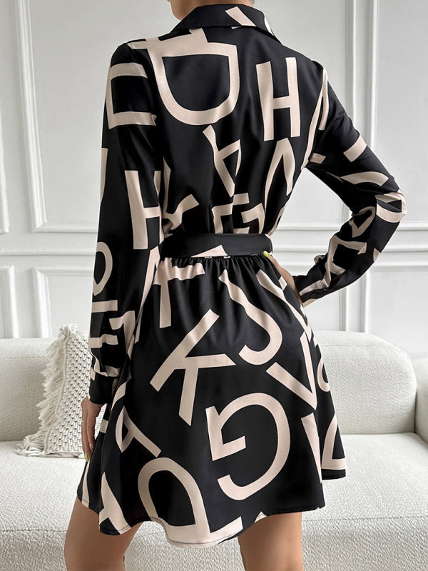 Dress- Feel Like a Queen in Our Regal Belted Shirt Dress with Letter Graphics- - IndioGear Fashion and Gear