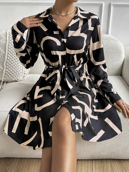 Dress- Feel Like a Queen in Our Regal Belted Shirt Dress with Letter Graphics- - IndioGear Fashion and Gear