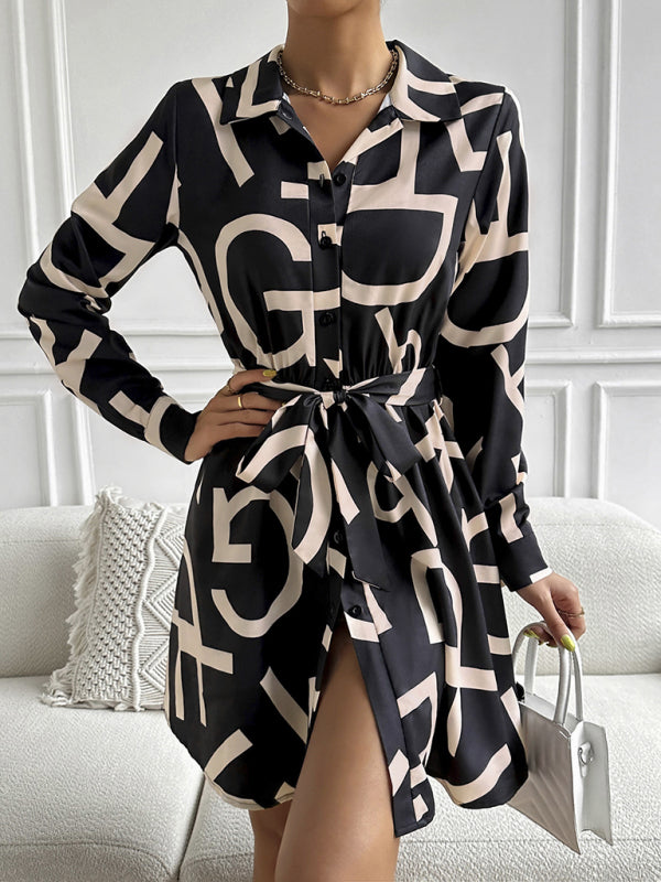 Dress- Feel Like a Queen in Our Regal Belted Shirt Dress with Letter Graphics- - IndioGear Fashion and Gear